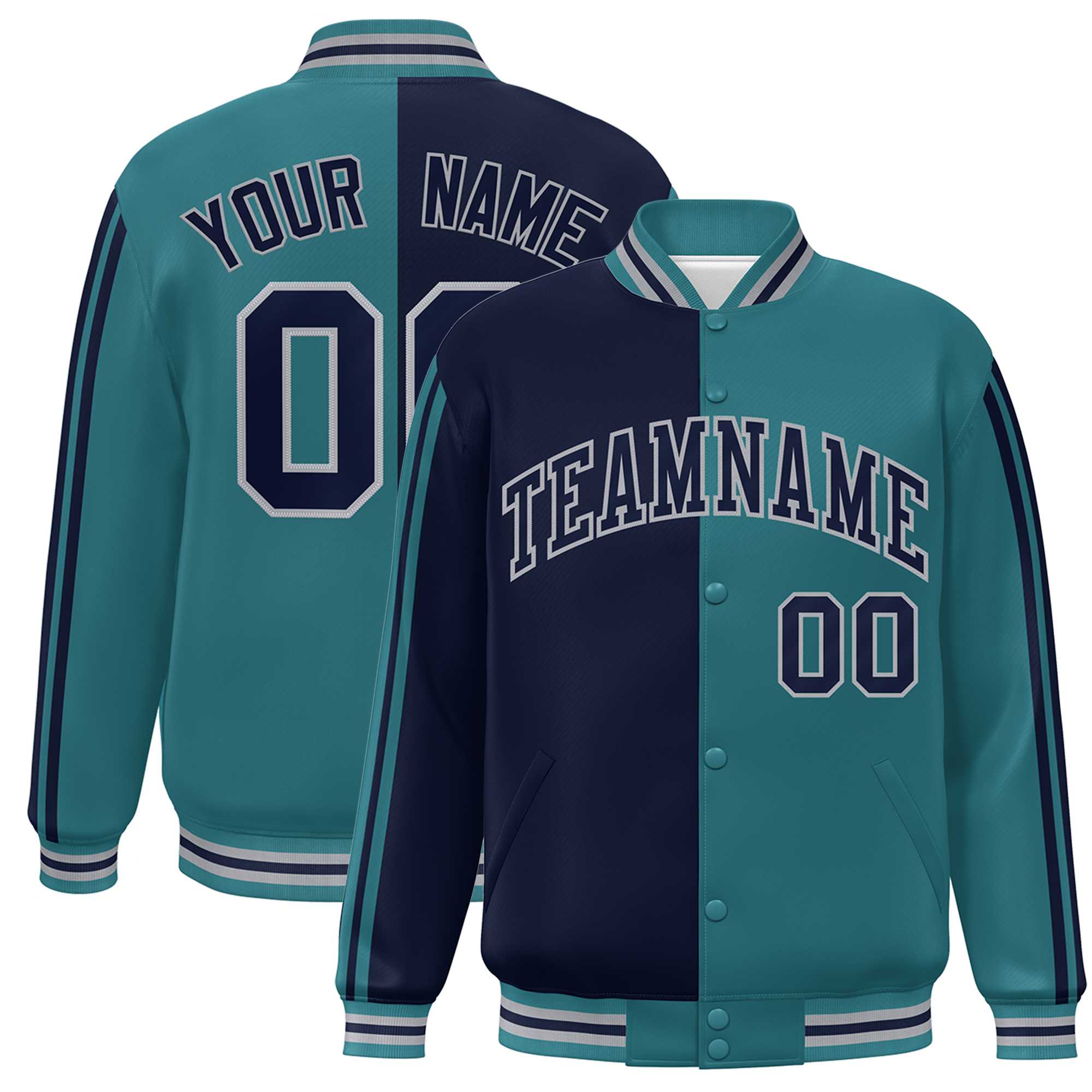 Custom Aqua Navy-Gray Two Tone Color Block Bomber Varsity Baseball Jacket