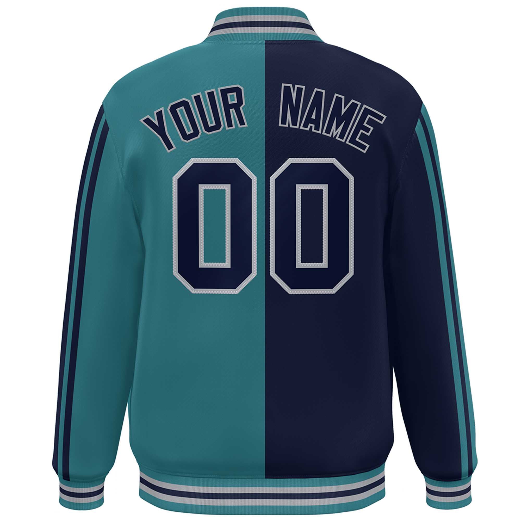 Custom Aqua Navy-Gray Two Tone Color Block Bomber Varsity Baseball Jacket