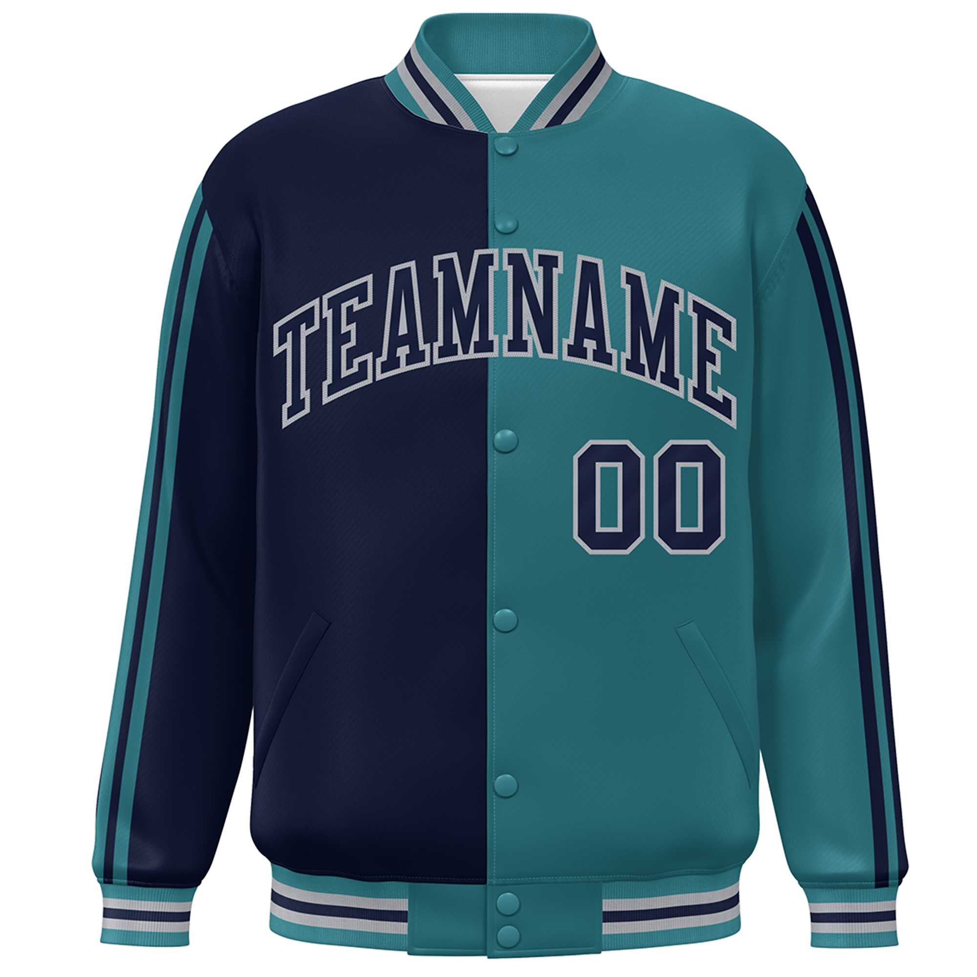 Custom Aqua Navy-Gray Two Tone Color Block Bomber Varsity Baseball Jacket