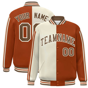 Custom Orange Khaki Two Tone Color Block Bomber Varsity Baseball Jacket