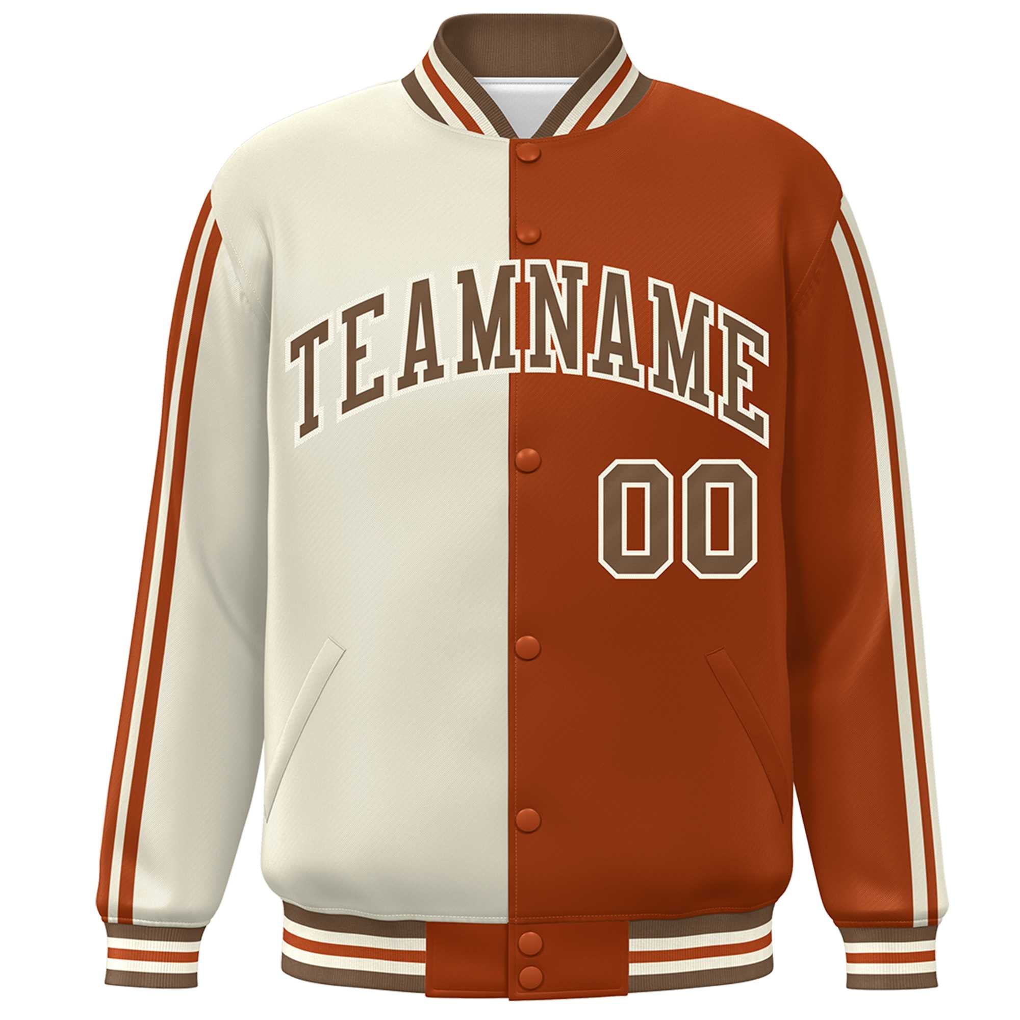 Custom Orange Khaki Two Tone Color Block Bomber Varsity Baseball Jacket