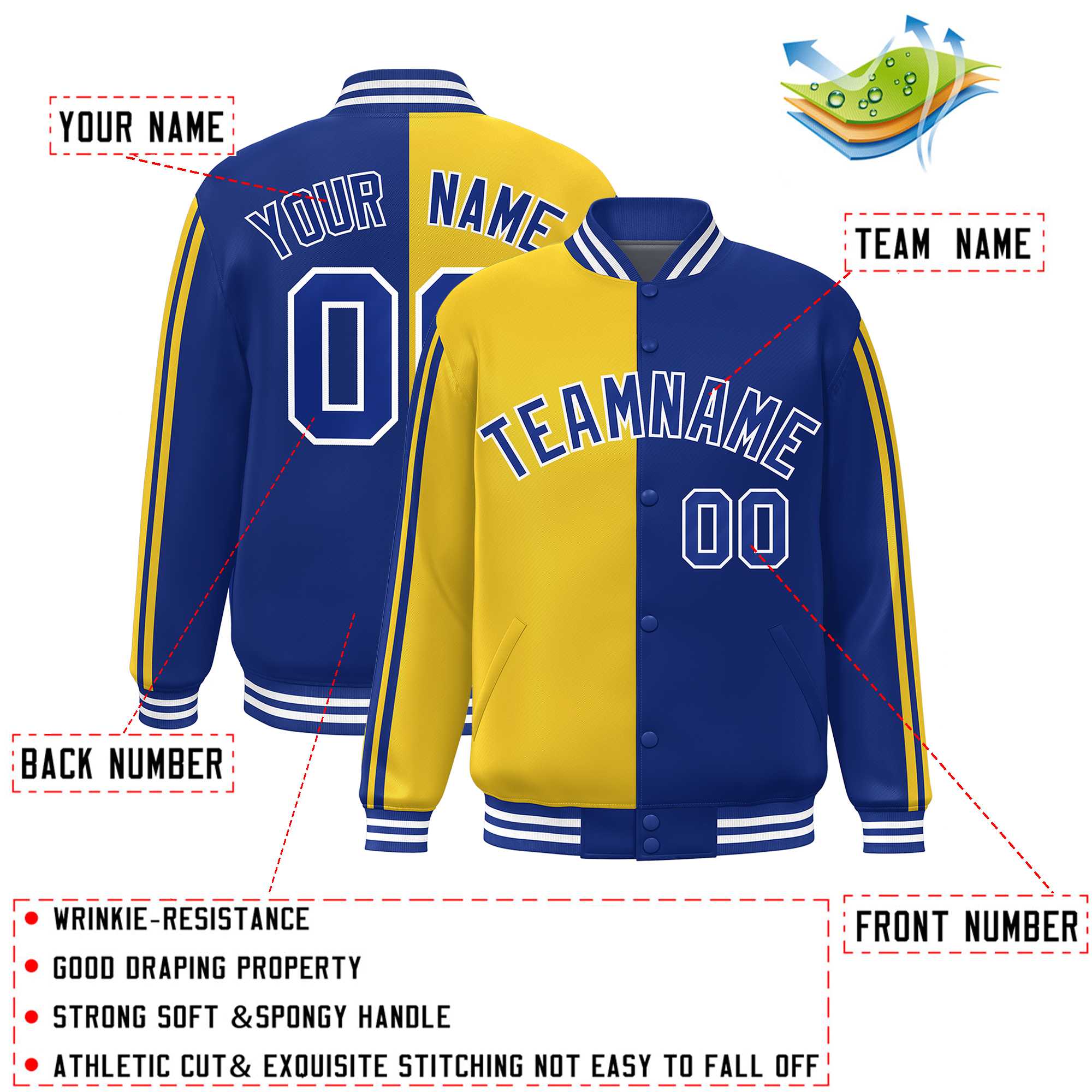 Custom Royal Gold Two Tone Color Block Bomber Varsity Baseball Jacket