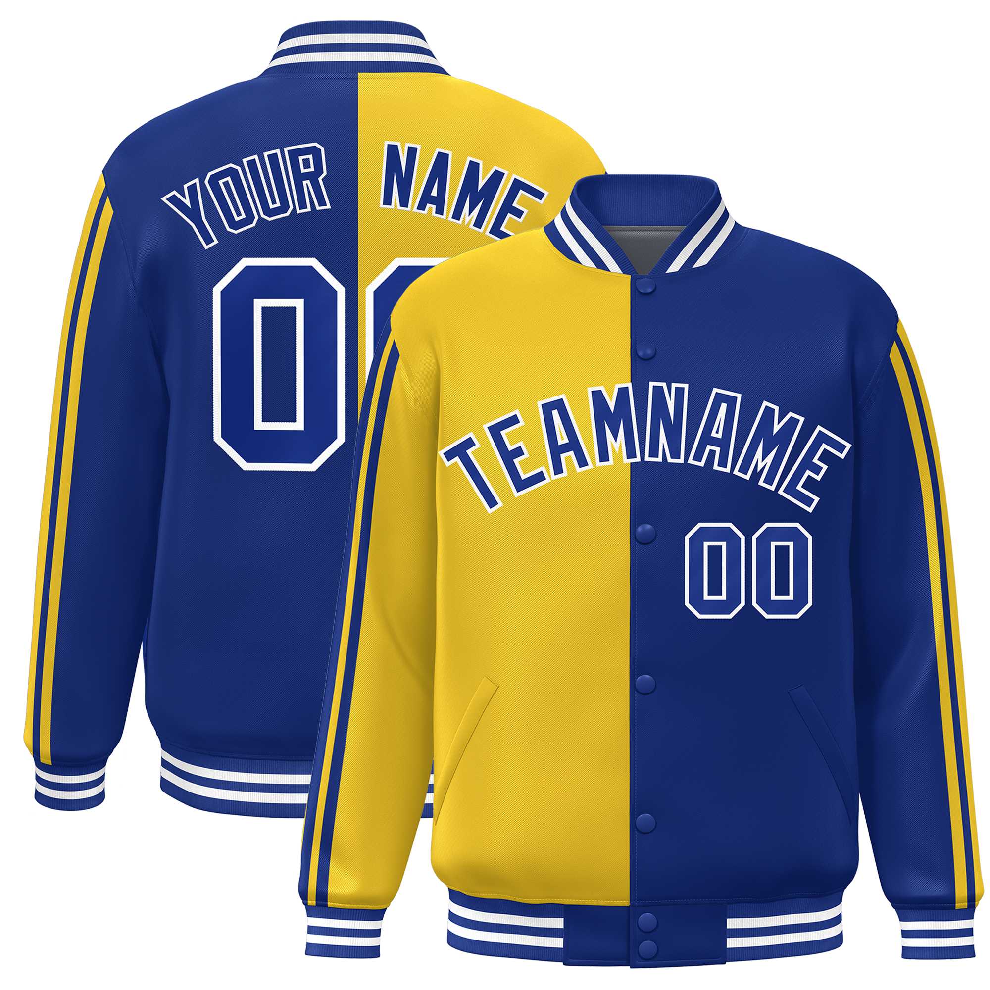 Custom Royal Gold Two Tone Color Block Bomber Varsity Baseball Jacket