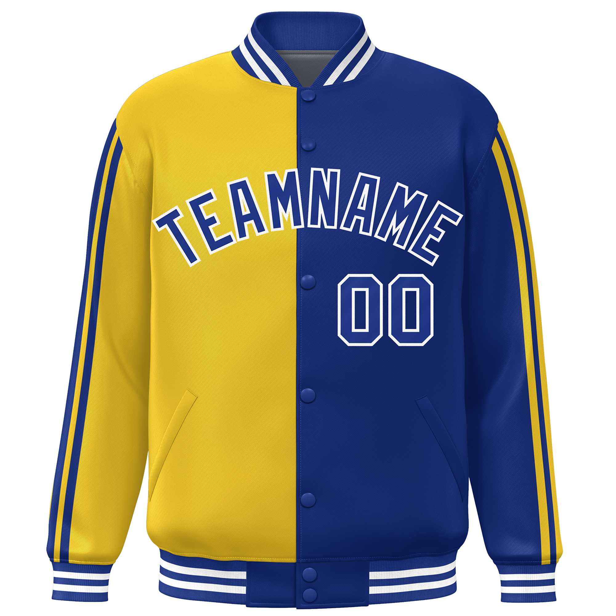 Custom Royal Gold Two Tone Color Block Bomber Varsity Baseball Jacket