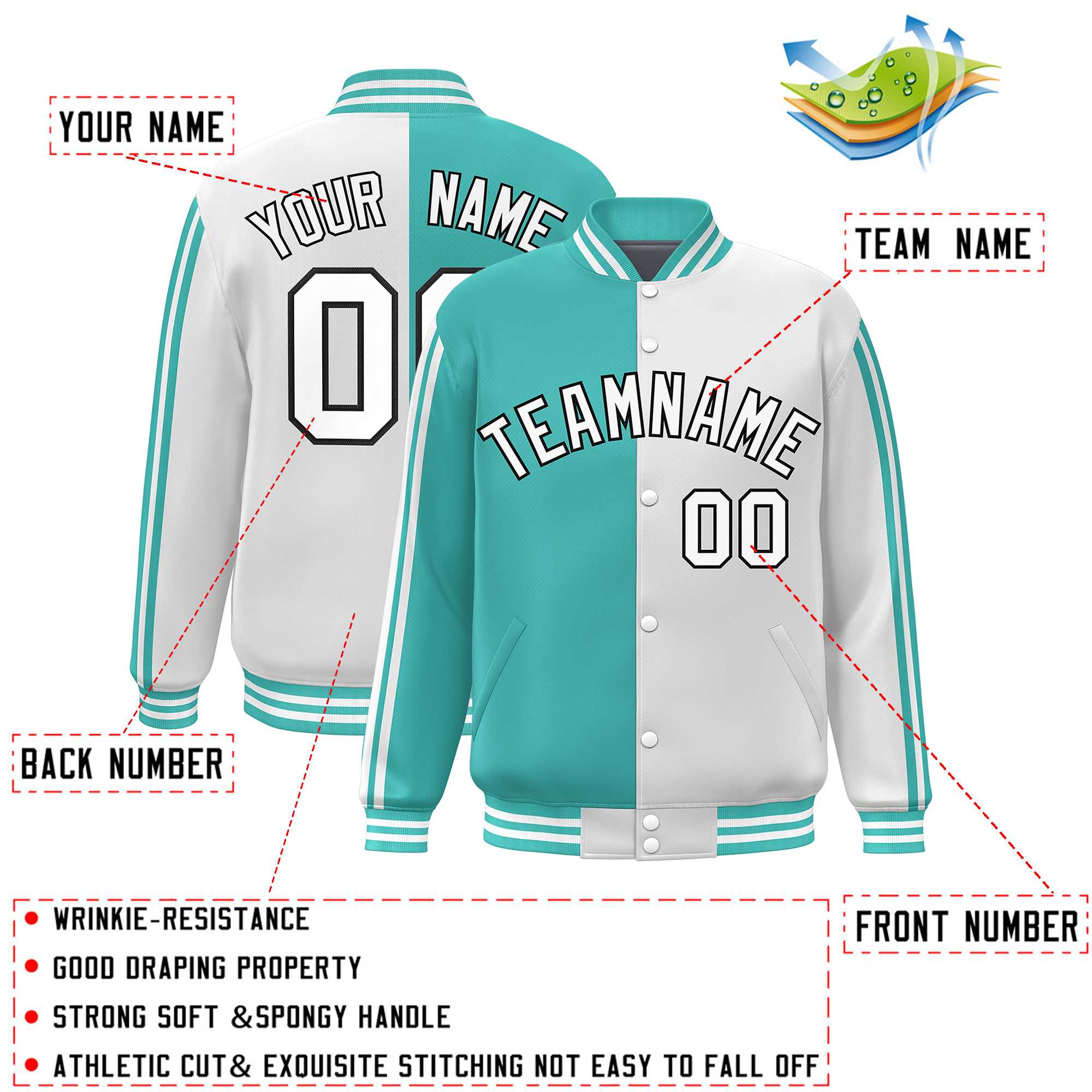 Custom White Aqua Two Tone Color Block Bomber Varsity Baseball Jacket