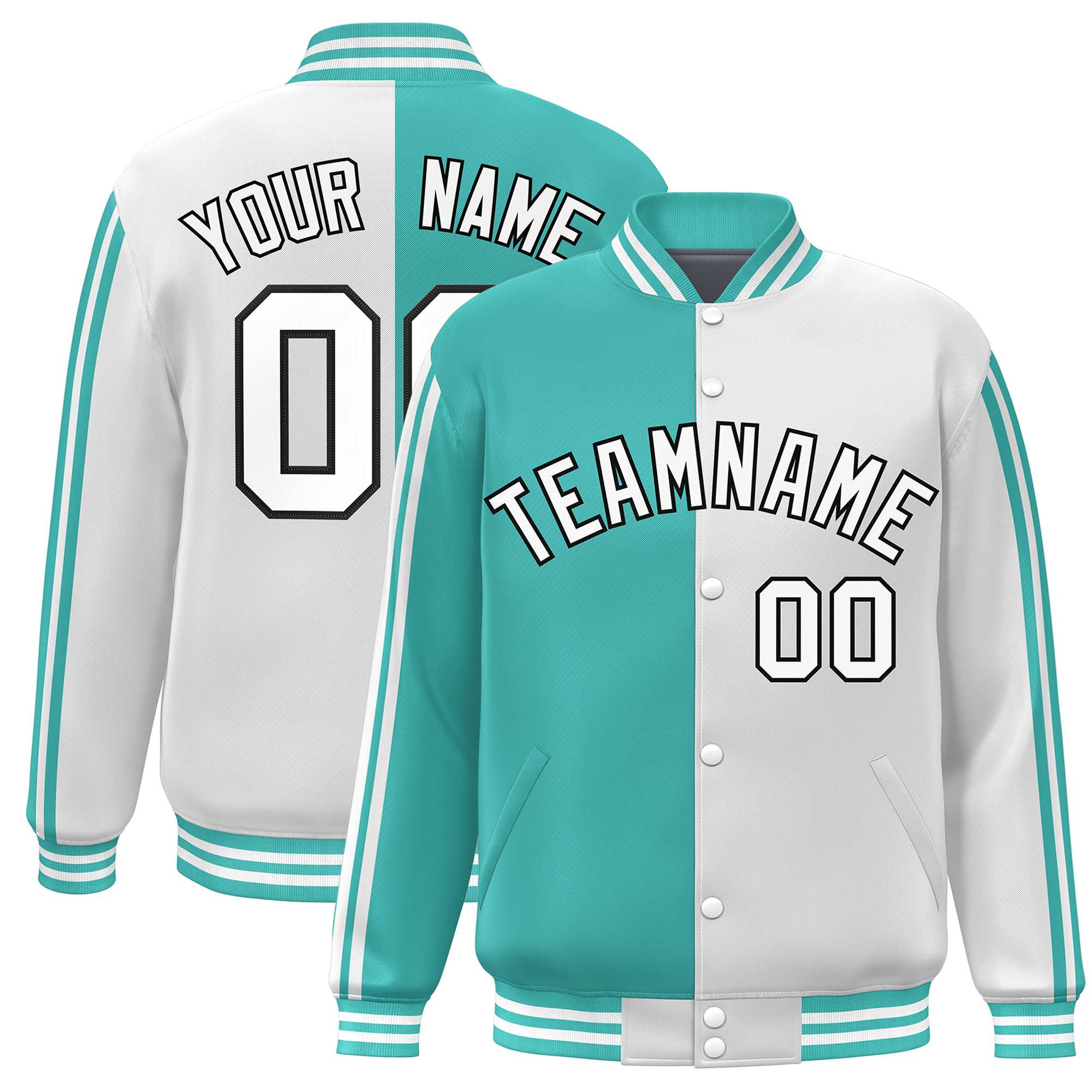 Custom White Aqua Two Tone Color Block Bomber Varsity Baseball Jacket