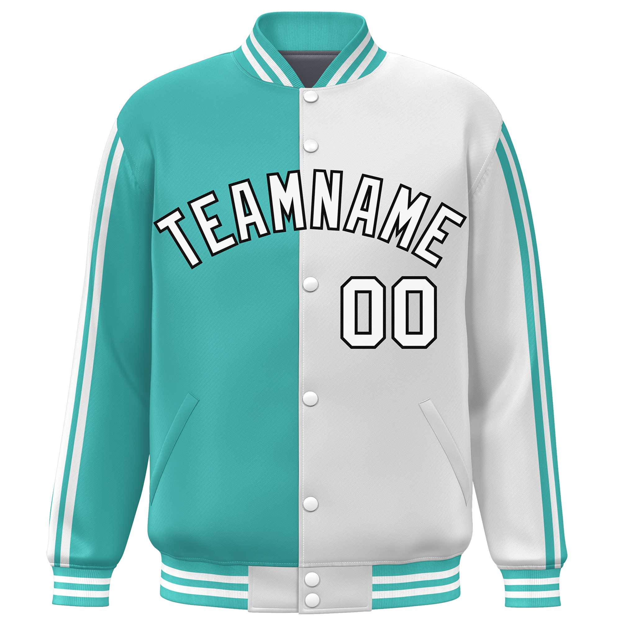 Custom White Aqua Two Tone Color Block Bomber Varsity Baseball Jacket