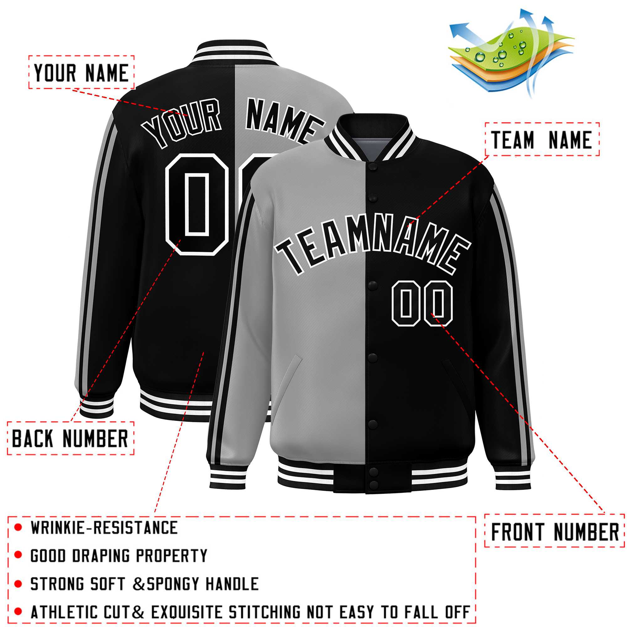 Custom Black Gray Two Tone Color Block Bomber Varsity Baseball Jacket