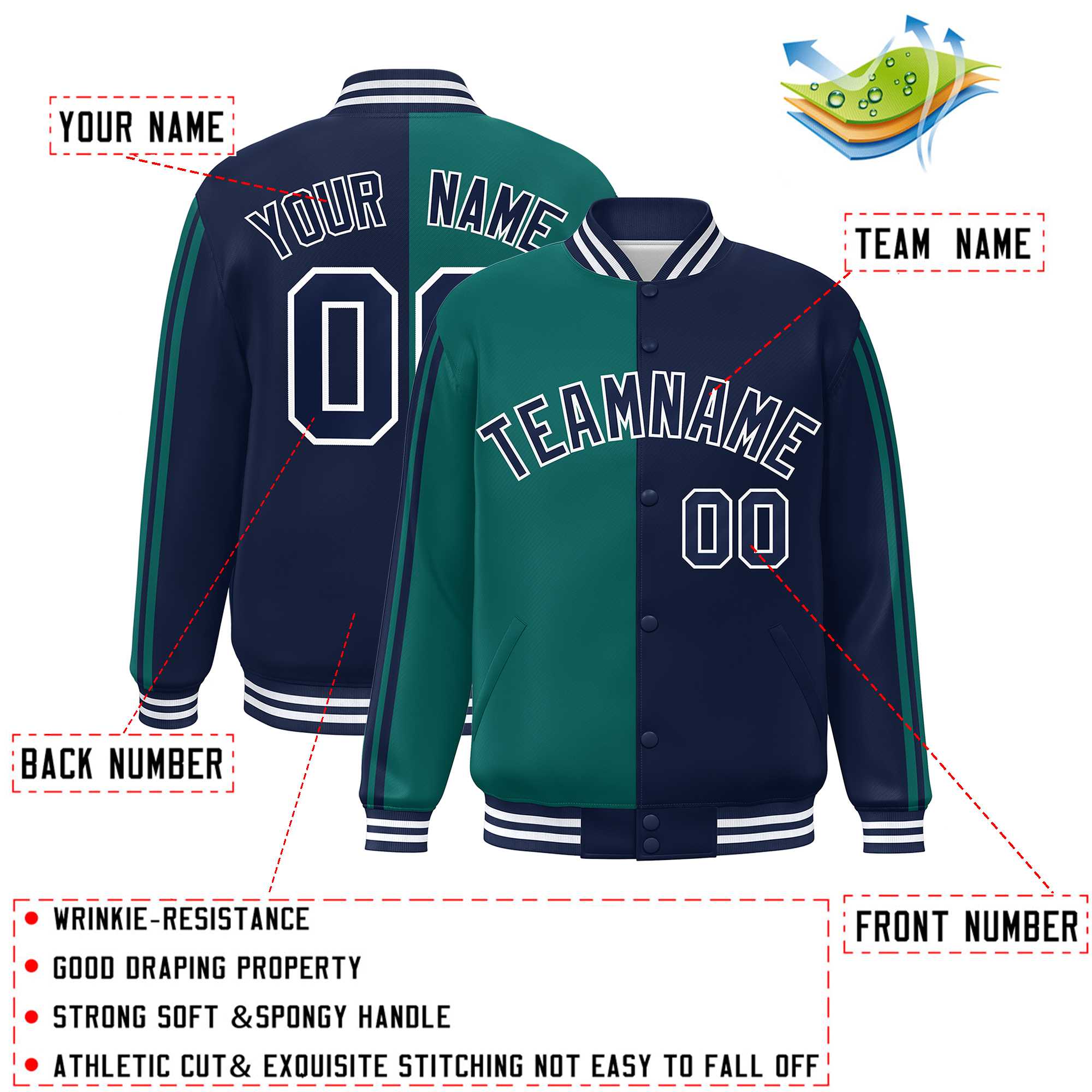 Custom Navy Aqua Two Tone Color Block Bomber Varsity Baseball Jacket