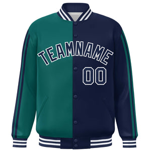 Custom Navy Aqua Two Tone Color Block Bomber Varsity Baseball Jacket