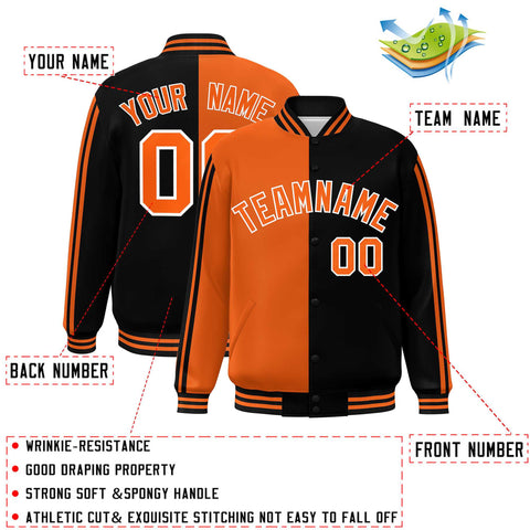 Custom Black Orange Two Tone Color Block Bomber Varsity Baseball Jacket