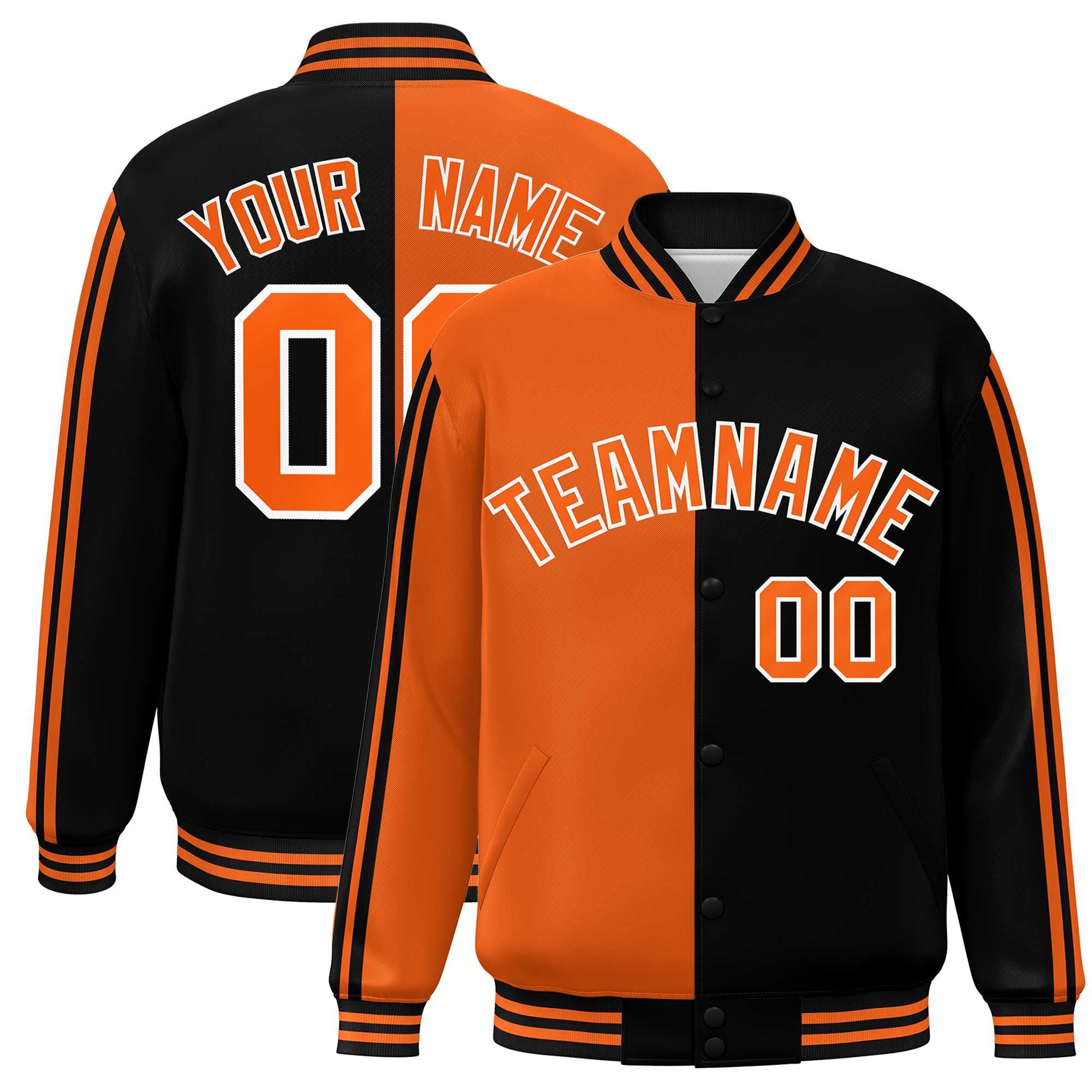 Custom Black Orange Two Tone Color Block Bomber Varsity Baseball Jacket