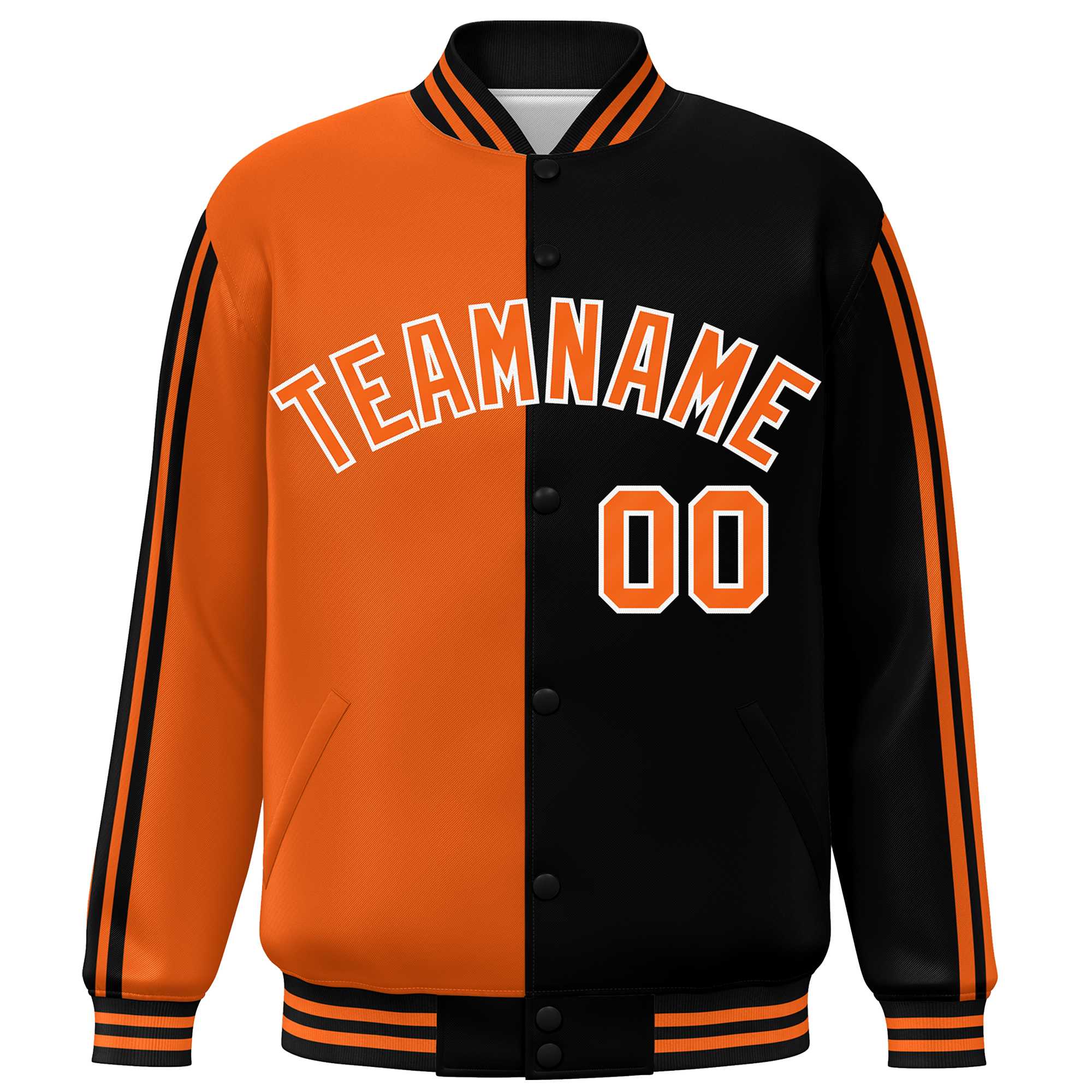 Custom Black Orange Two Tone Color Block Bomber Varsity Baseball Jacket