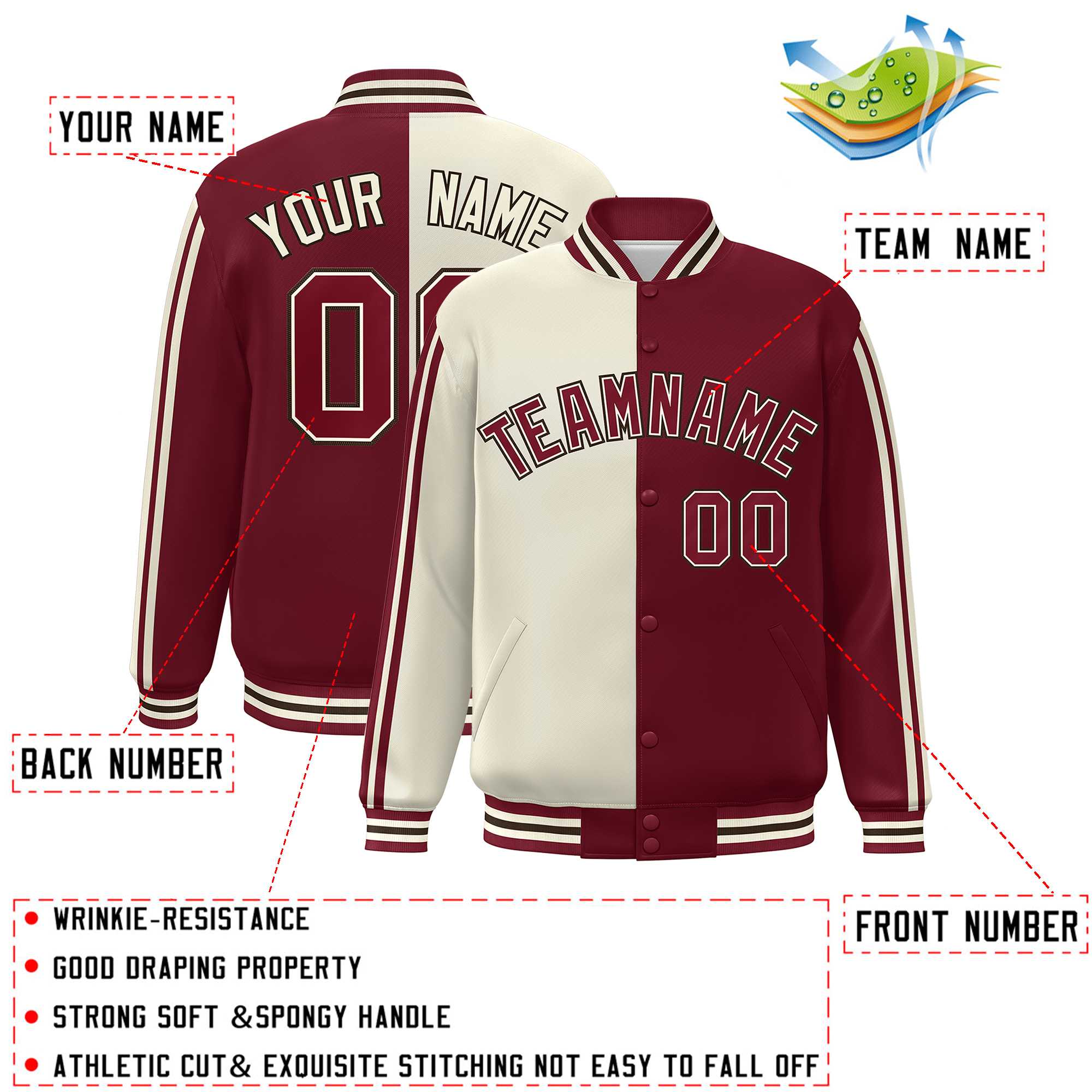 Custom Crimson Cream Two Tone Color Block Bomber Varsity Baseball Jacket