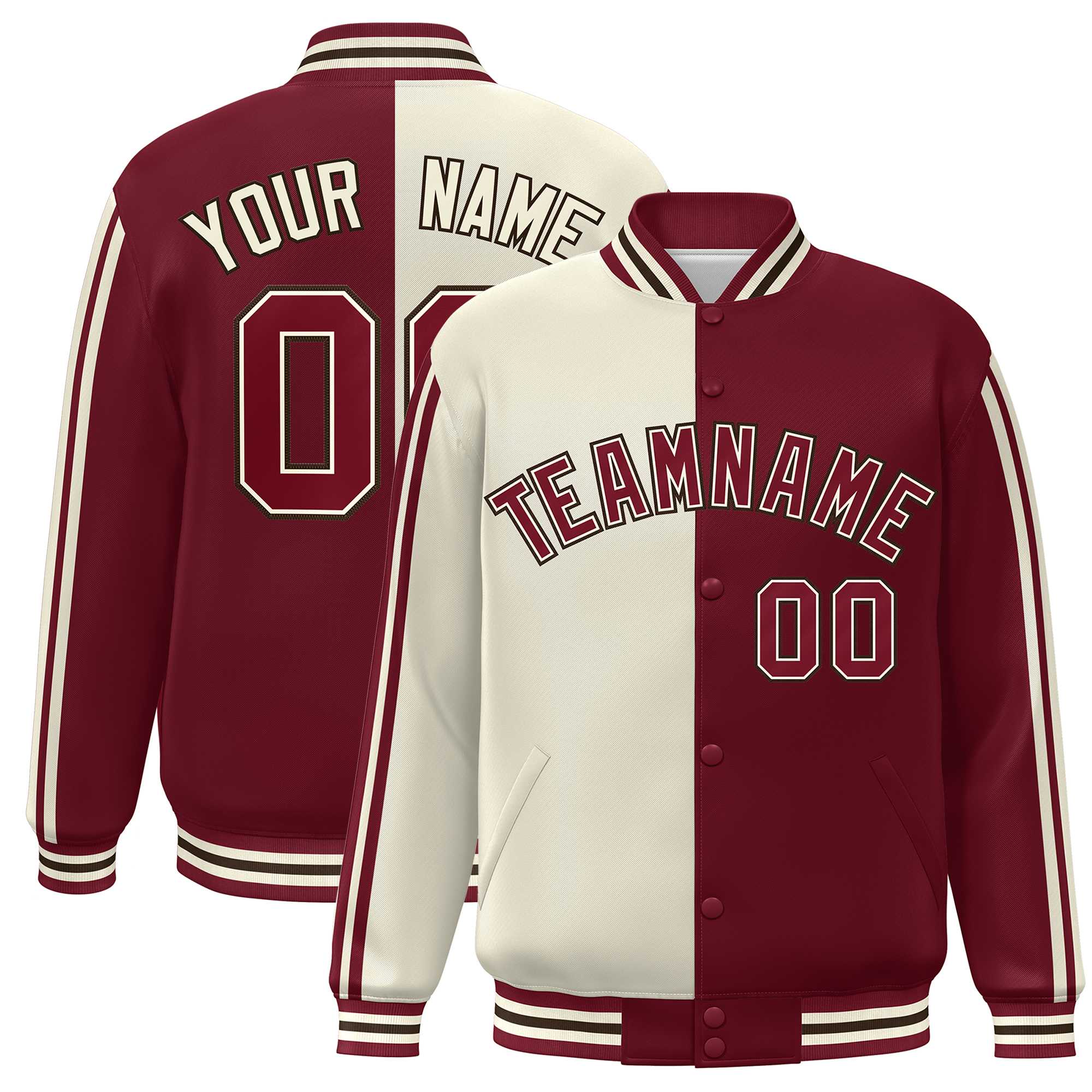 Custom Crimson Cream Two Tone Color Block Bomber Varsity Baseball Jacket