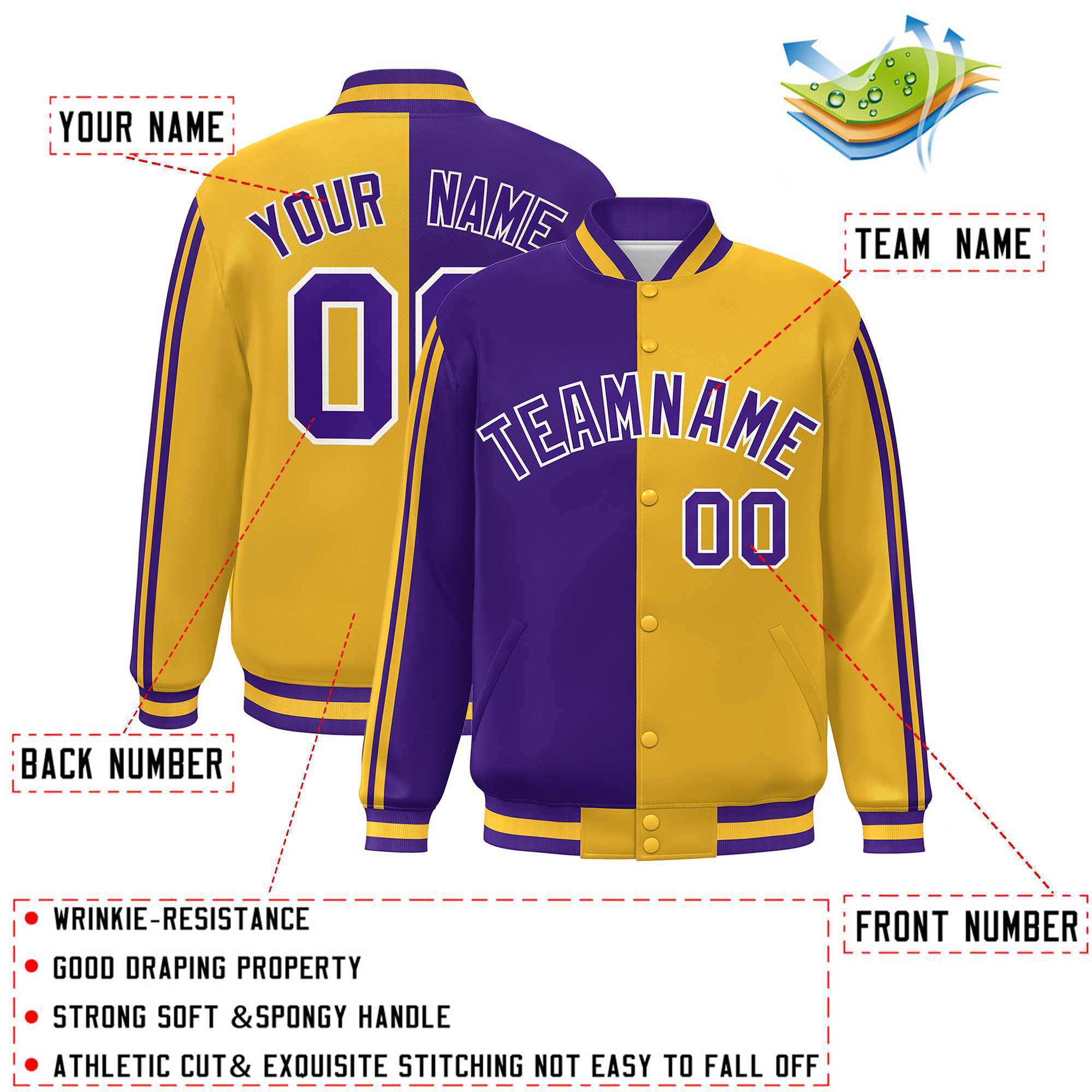 Custom Gold Purple-White Two Tone Color Block Bomber Varsity Baseball Jacket