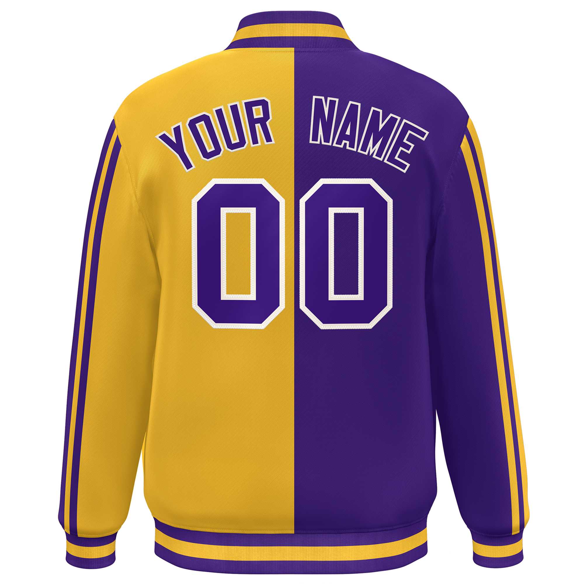 Custom Gold Purple-White Two Tone Color Block Bomber Varsity Baseball Jacket