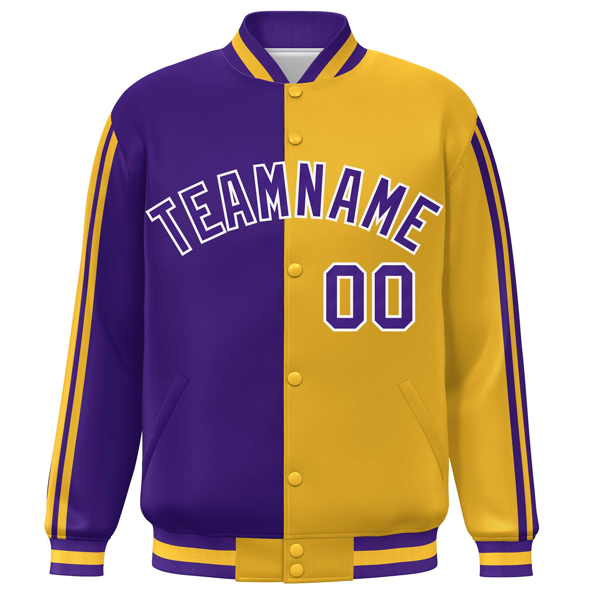 Custom Gold Purple-White Two Tone Color Block Bomber Varsity Baseball Jacket