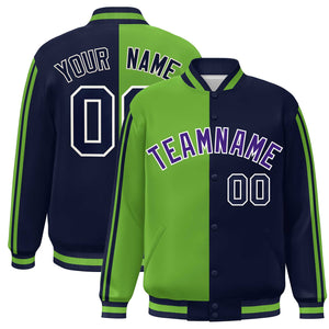 Custom Navy Neon Green-White Two Tone Color Block Bomber Varsity Baseball Jacket