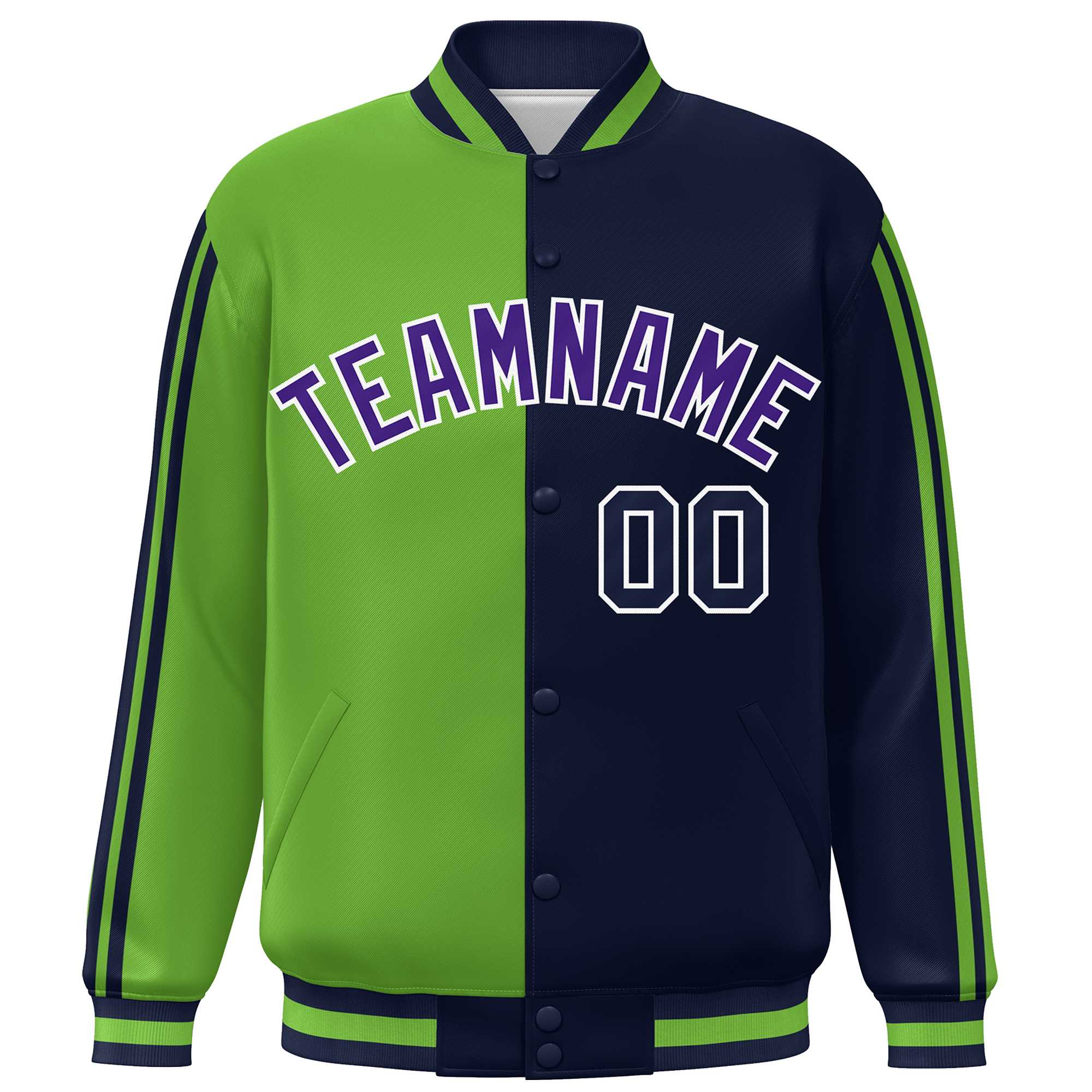 Custom Navy Neon Green-White Two Tone Color Block Bomber Varsity Baseball Jacket