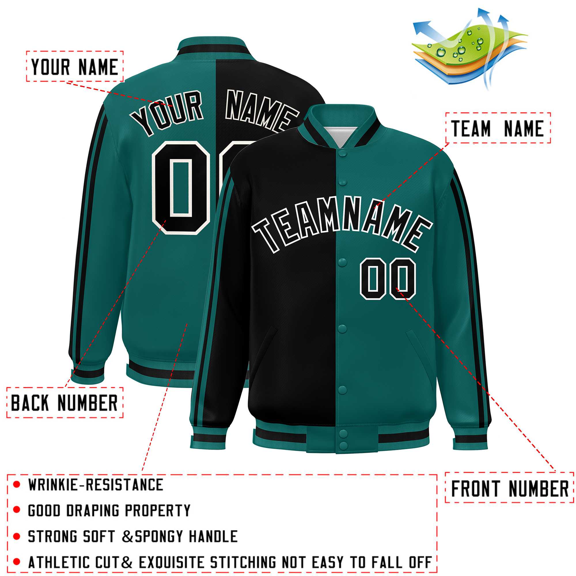 Custom Aqua Black-White Two Tone Color Block Bomber Varsity Baseball Jacket