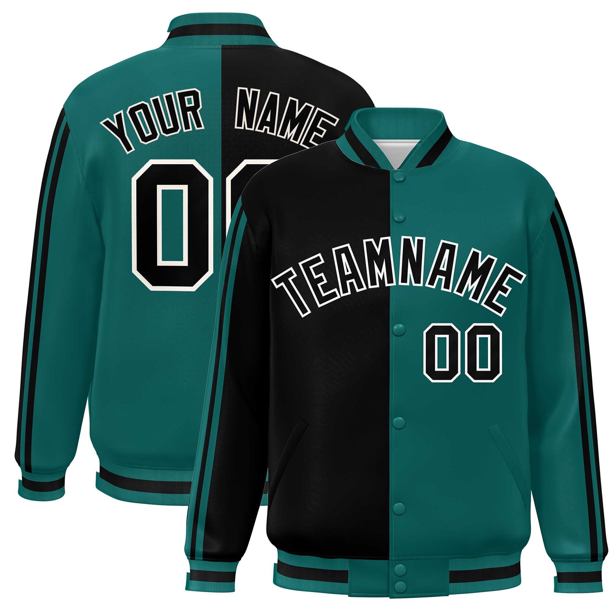 Custom Aqua Black-White Two Tone Color Block Bomber Varsity Baseball Jacket