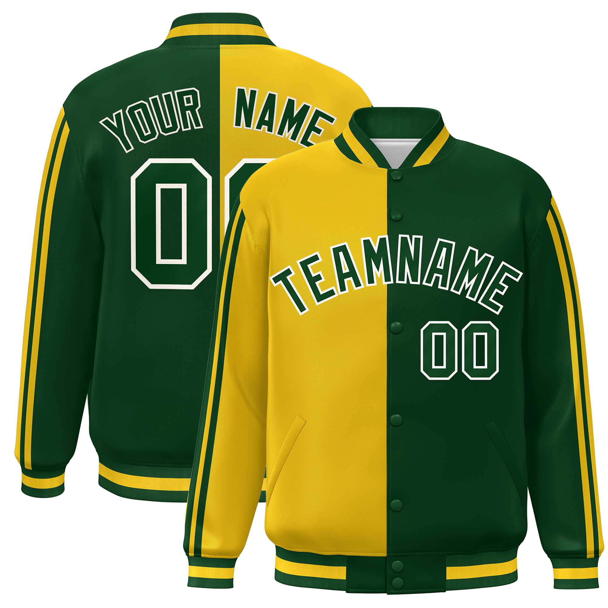 Custom Kelly Green Gold-White Two Tone Color Block Bomber Varsity Baseball Jacket