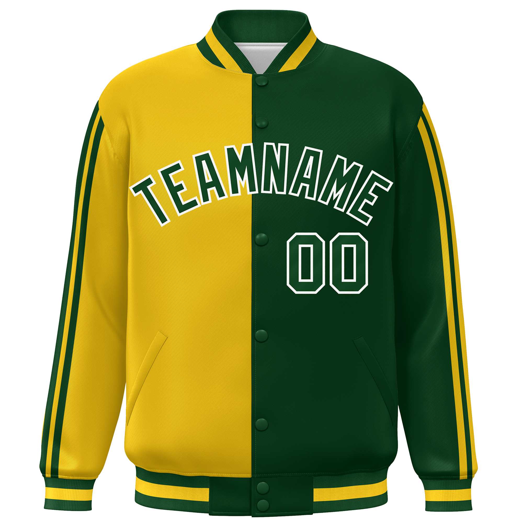 Custom Kelly Green Gold-White Two Tone Color Block Bomber Varsity Baseball Jacket