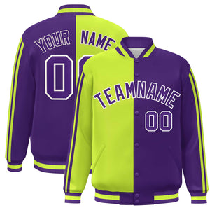 Custom Purple Neon Green-White Two Tone Color Block Bomber Varsity Baseball Jacket