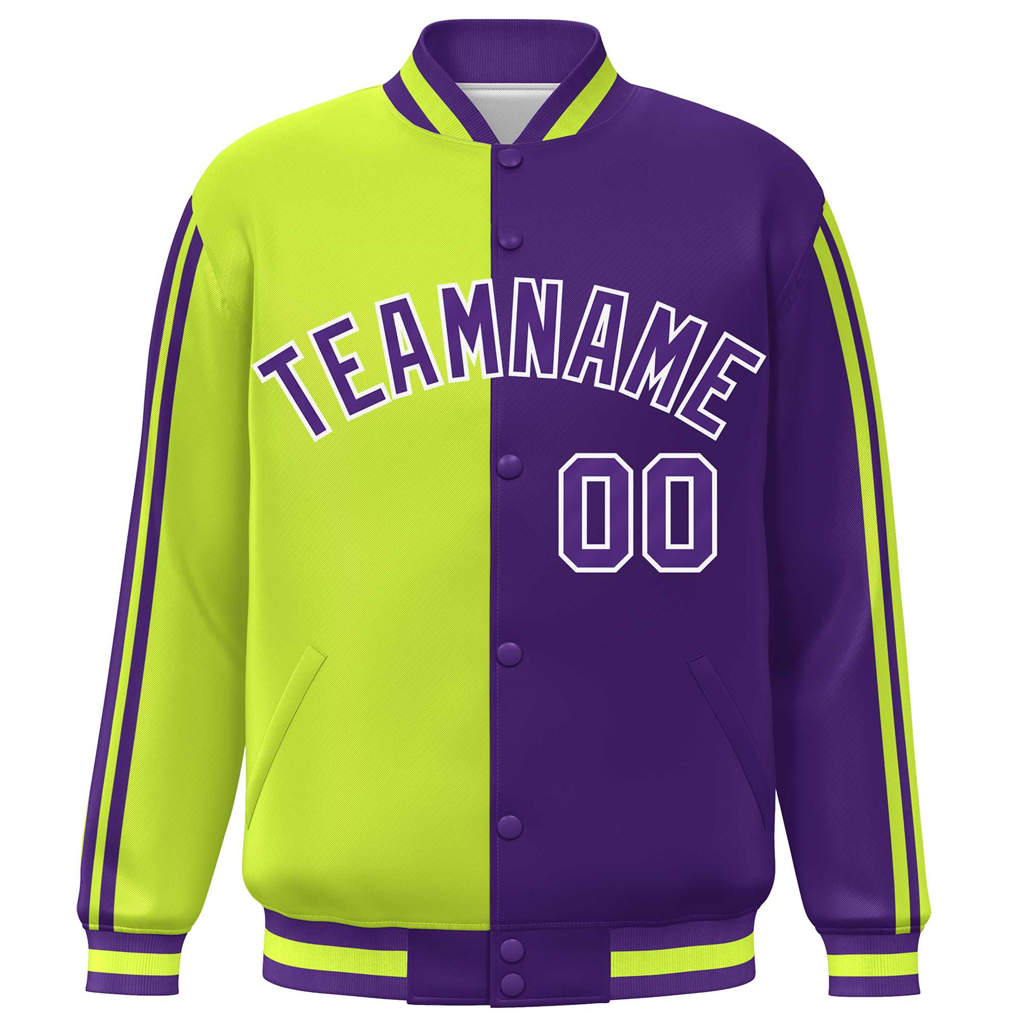 Custom Purple Neon Green-White Two Tone Color Block Bomber Varsity Baseball Jacket