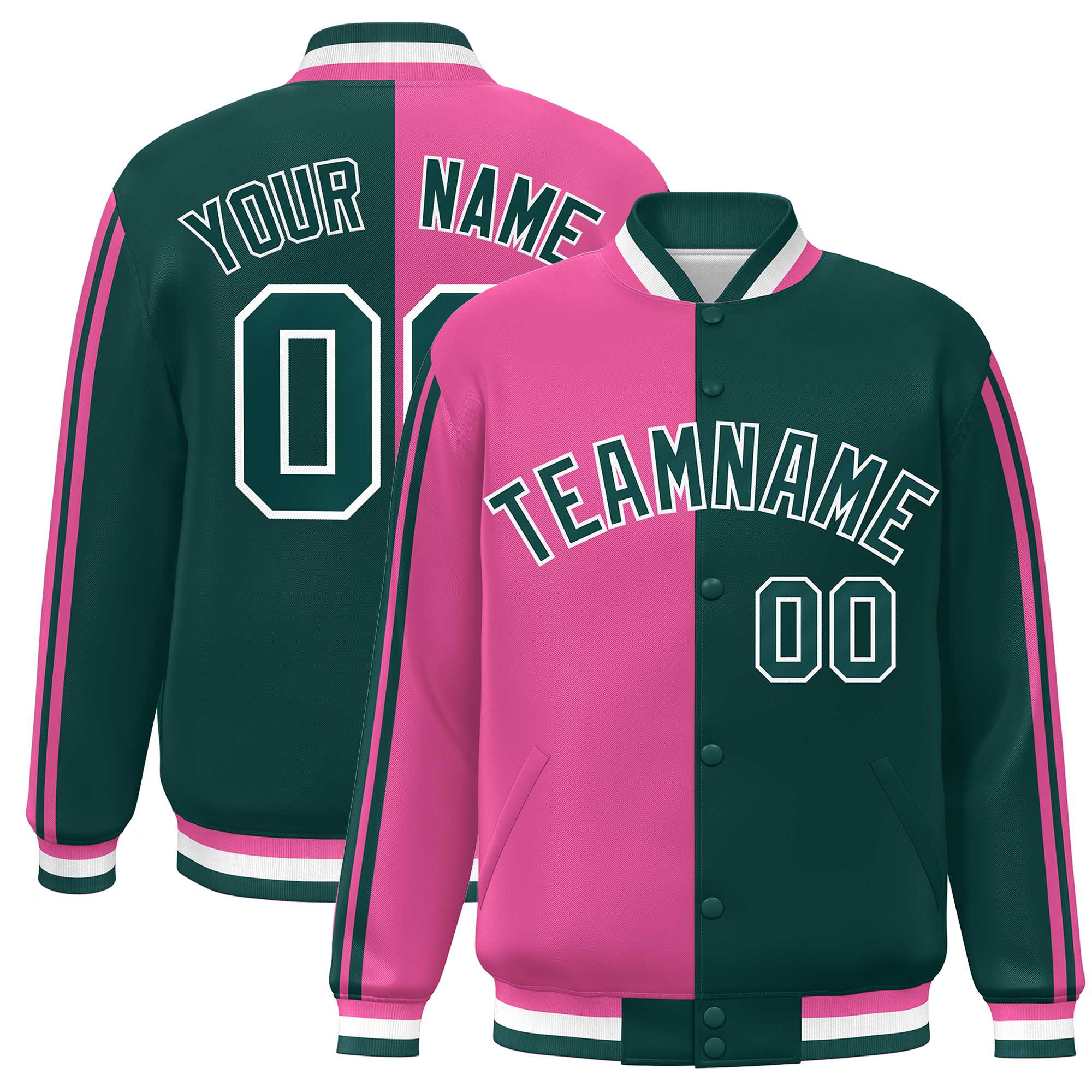 Custom Midnight Green Pink-White Two Tone Color Block Bomber Varsity Baseball Jacket