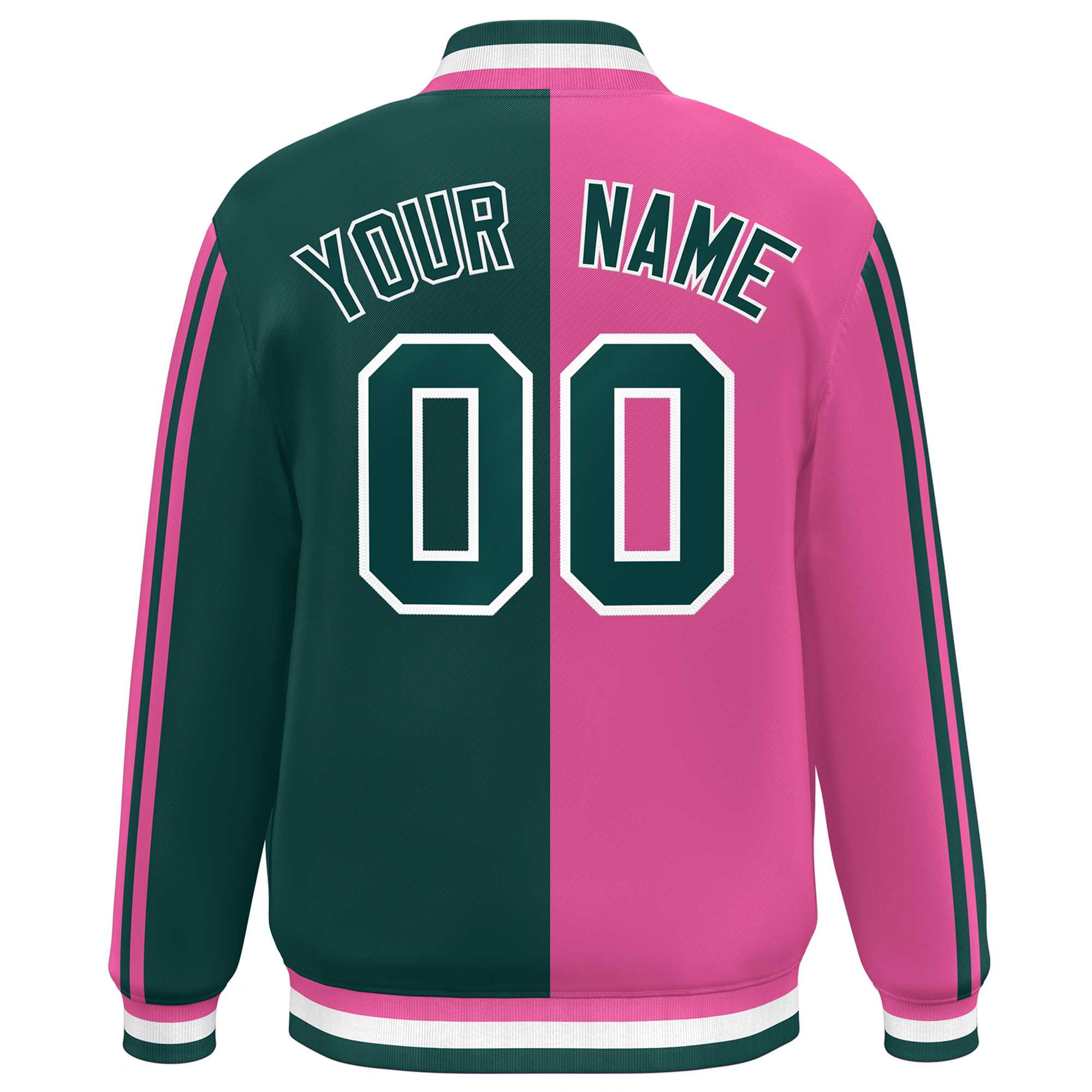 Custom Midnight Green Pink-White Two Tone Color Block Bomber Varsity Baseball Jacket