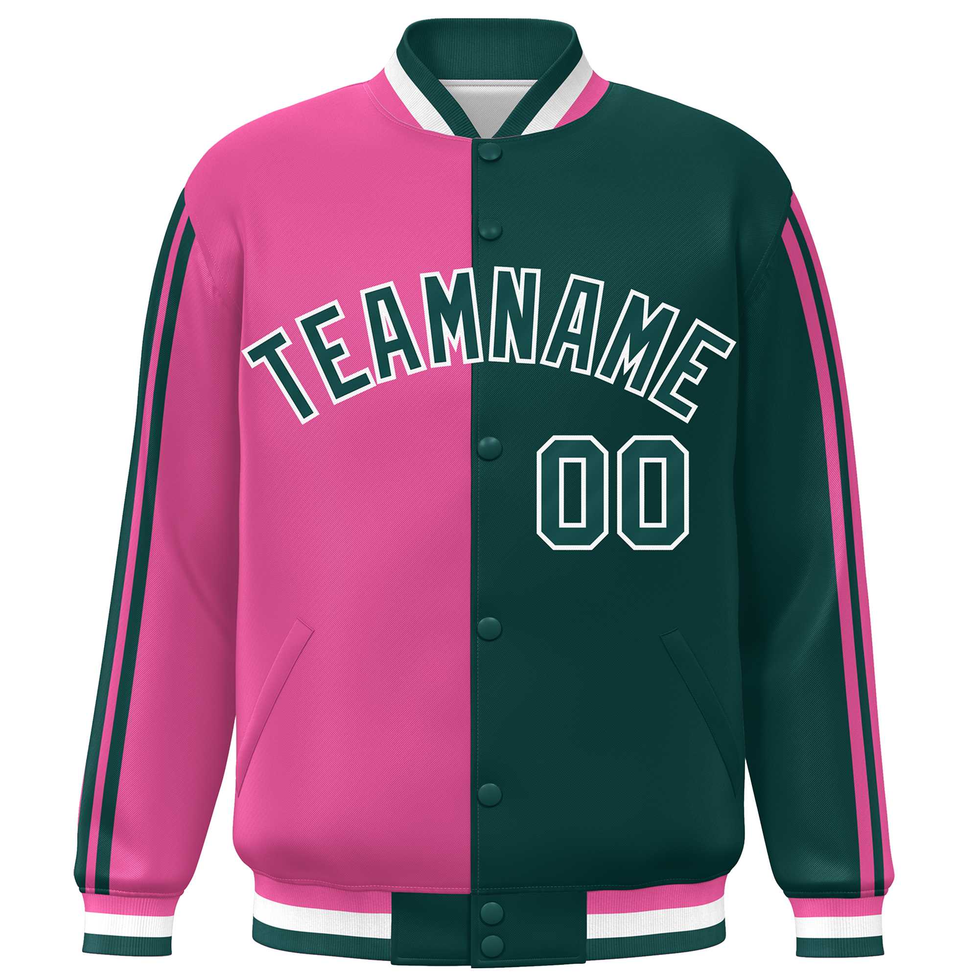 Custom Midnight Green Pink-White Two Tone Color Block Bomber Varsity Baseball Jacket