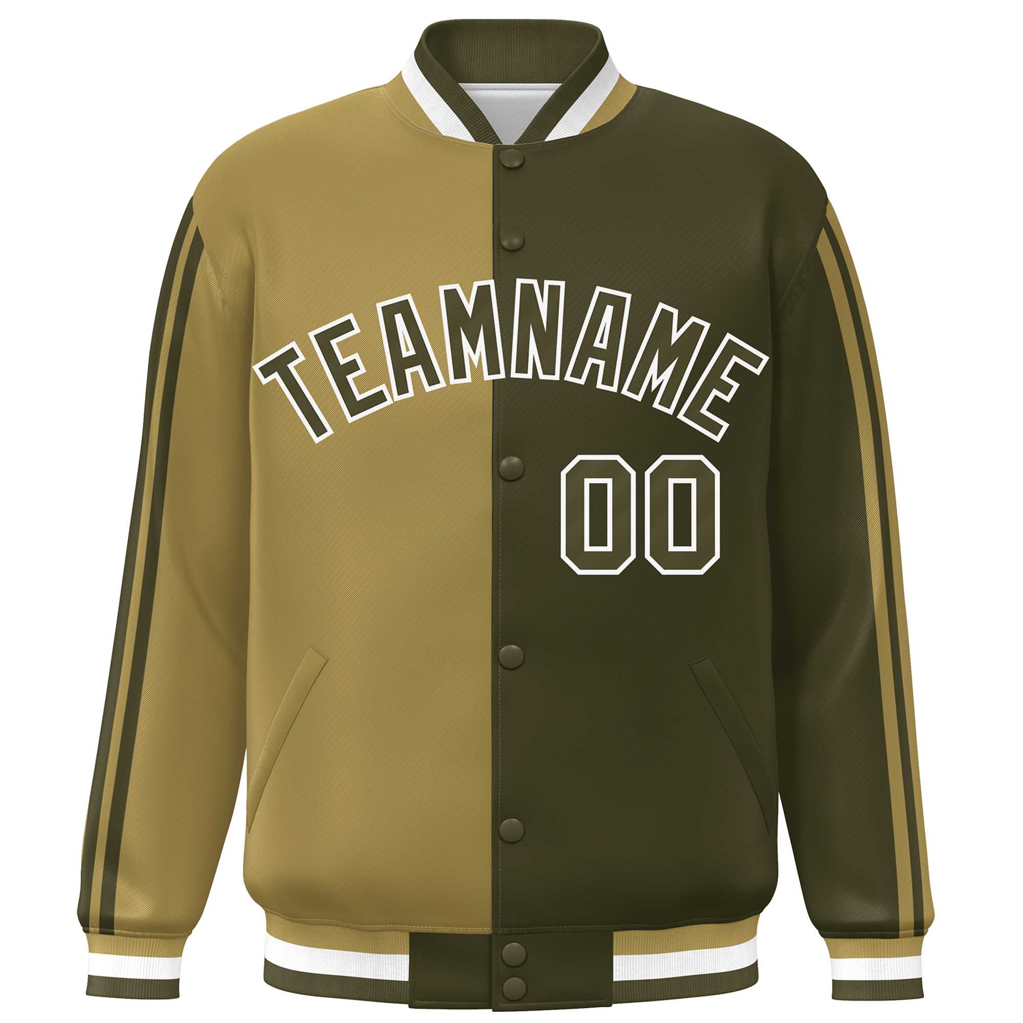 Custom Olive Desert Yellow-White Two Tone Color Block Bomber Varsity Baseball Jacket