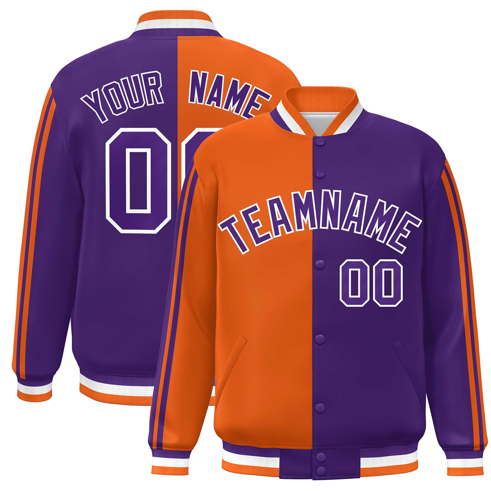 Custom Purple Orange-White Two Tone Color Block Bomber Varsity Baseball Jacket