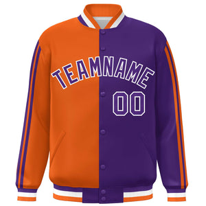 Custom Purple Orange-White Two Tone Color Block Bomber Varsity Baseball Jacket