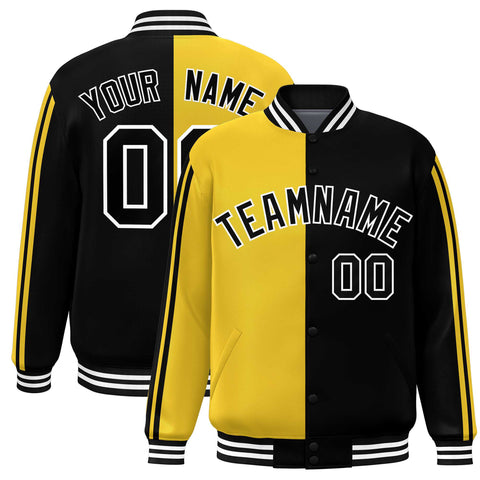Custom Black Gold-White Two Tone Color Block Bomber Varsity Baseball Jacket