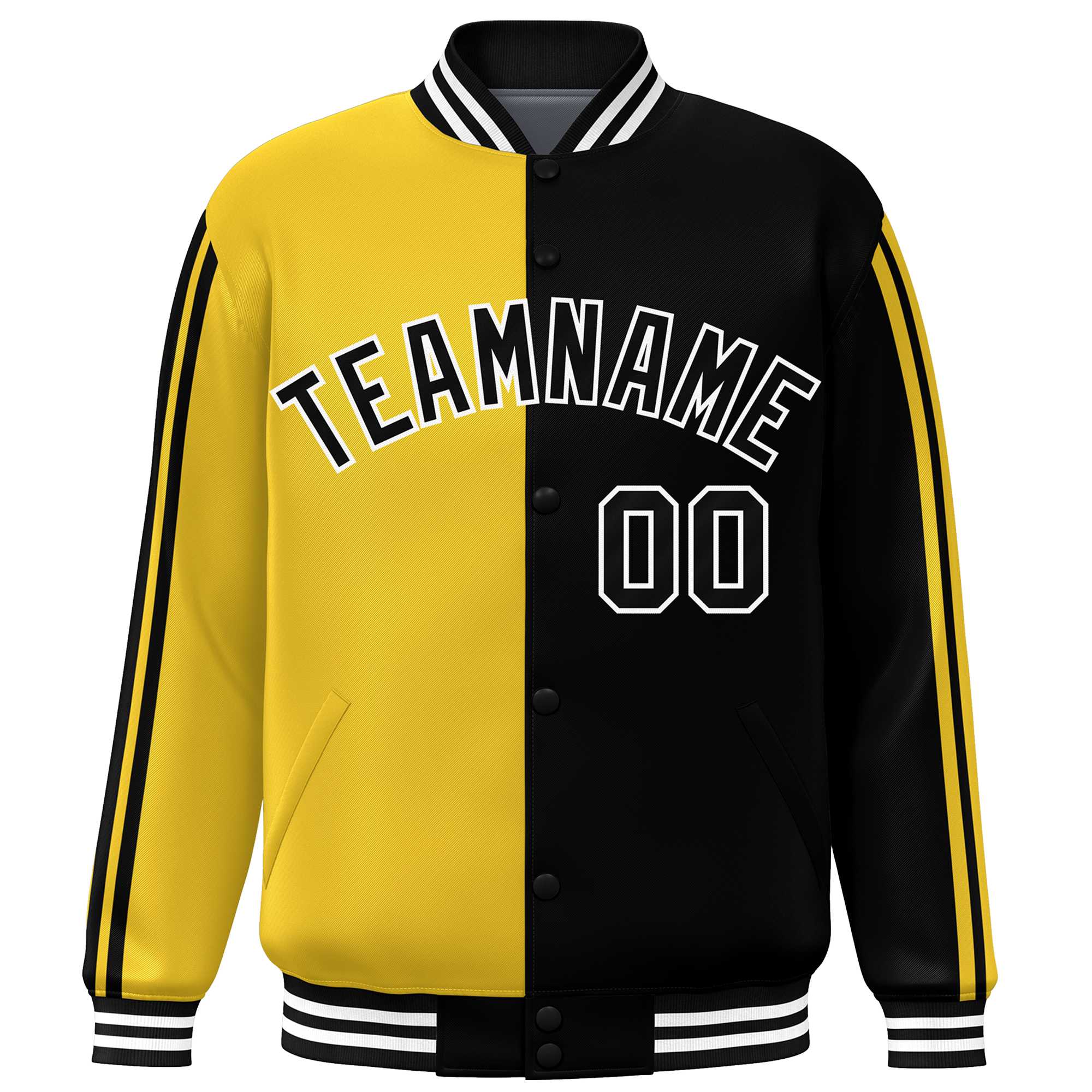 Custom Black Gold-White Two Tone Color Block Bomber Varsity Baseball Jacket