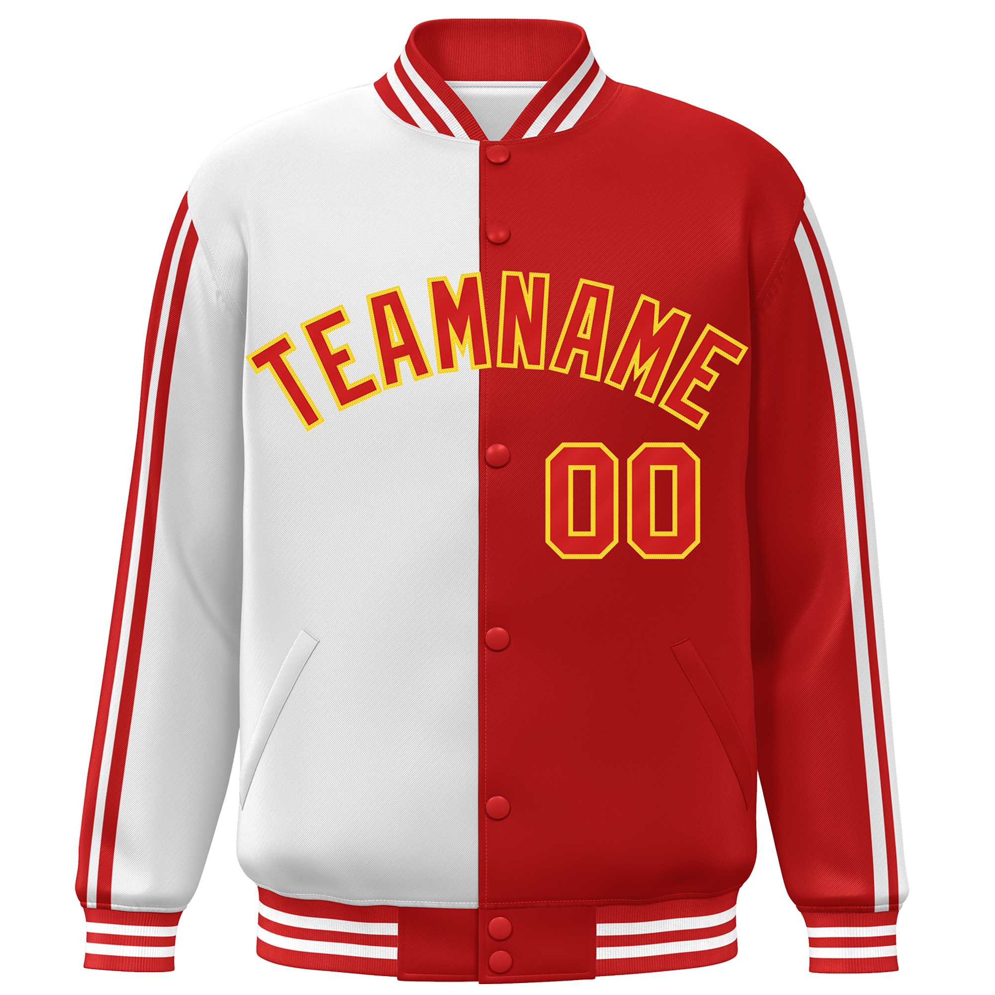 Custom Red White-Yellow Two Tone Color Block Bomber Varsity Baseball Jacket