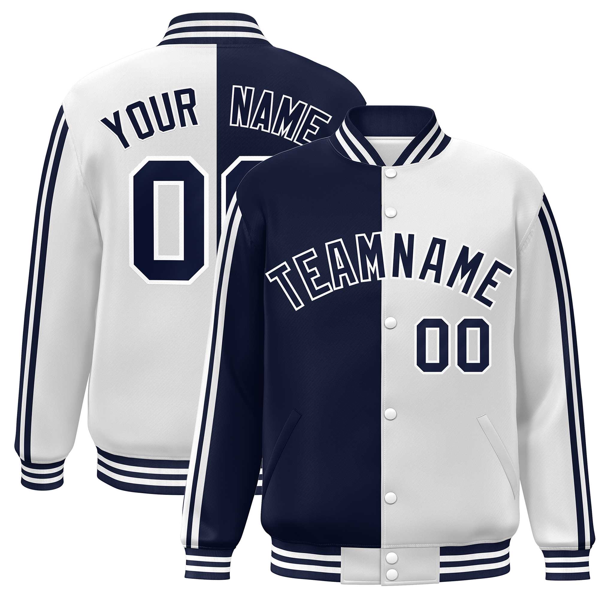 Custom White Navy Two Tone Color Block Bomber Varsity Baseball Jacket