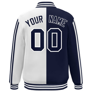 Custom White Navy Two Tone Color Block Bomber Varsity Baseball Jacket