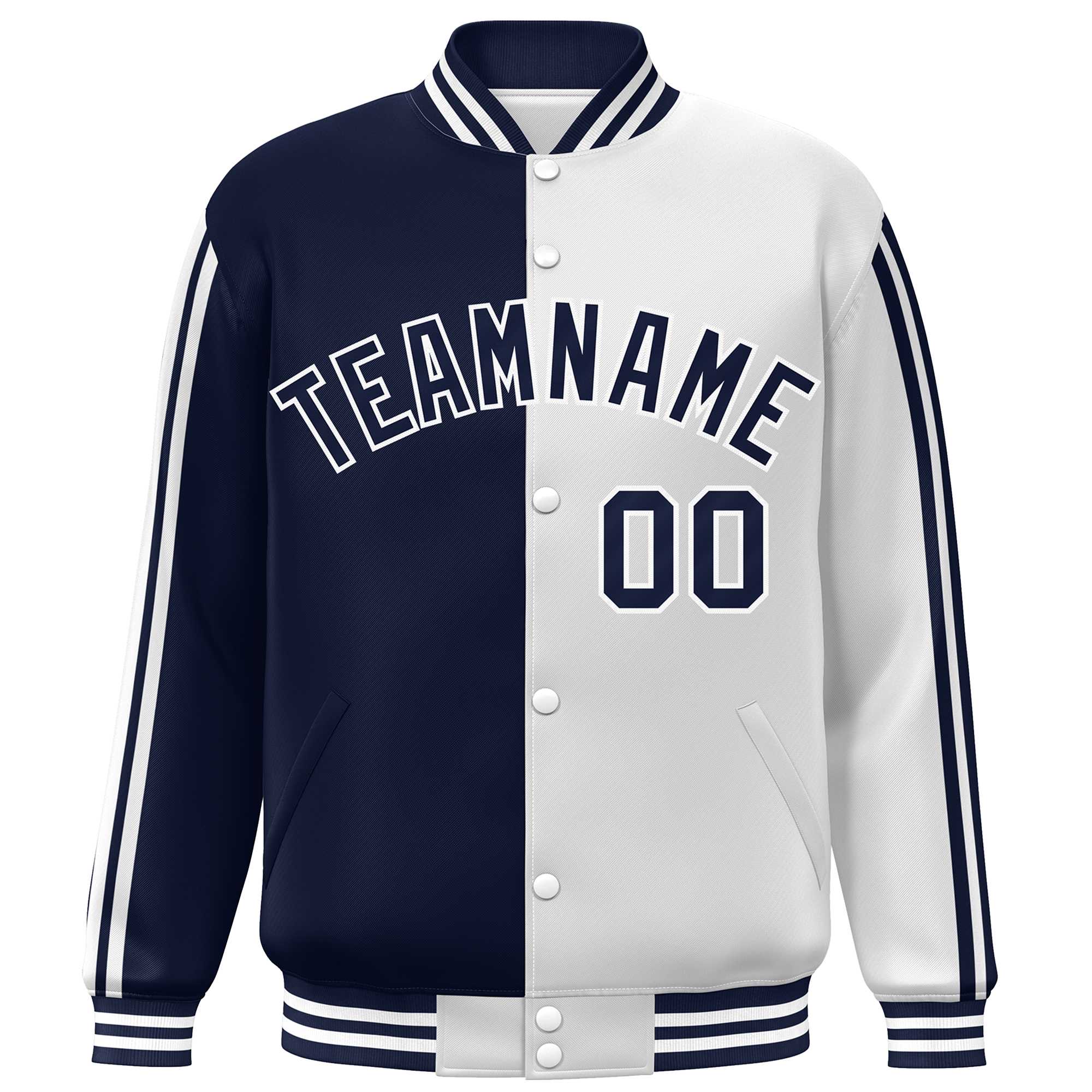 Custom White Navy Two Tone Color Block Bomber Varsity Baseball Jacket