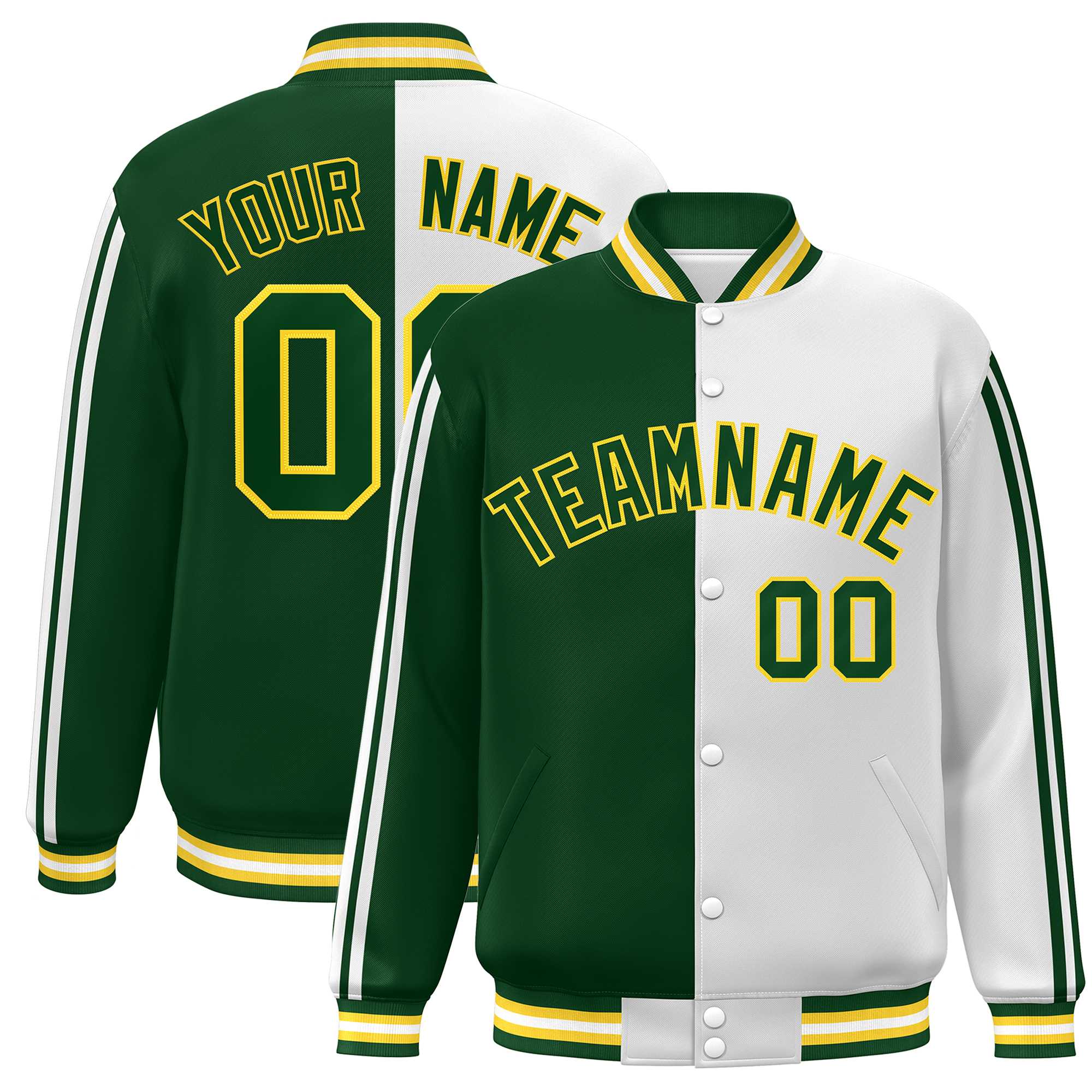 Custom Green White-Yellow Two Tone Color Block Bomber Varsity Baseball Jacket