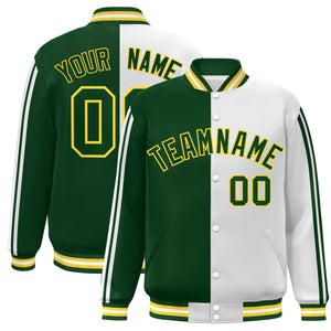 Custom Green White-Yellow Two Tone Color Block Bomber Varsity Baseball Jacket