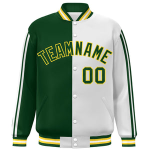 Custom Green White-Yellow Two Tone Color Block Bomber Varsity Baseball Jacket