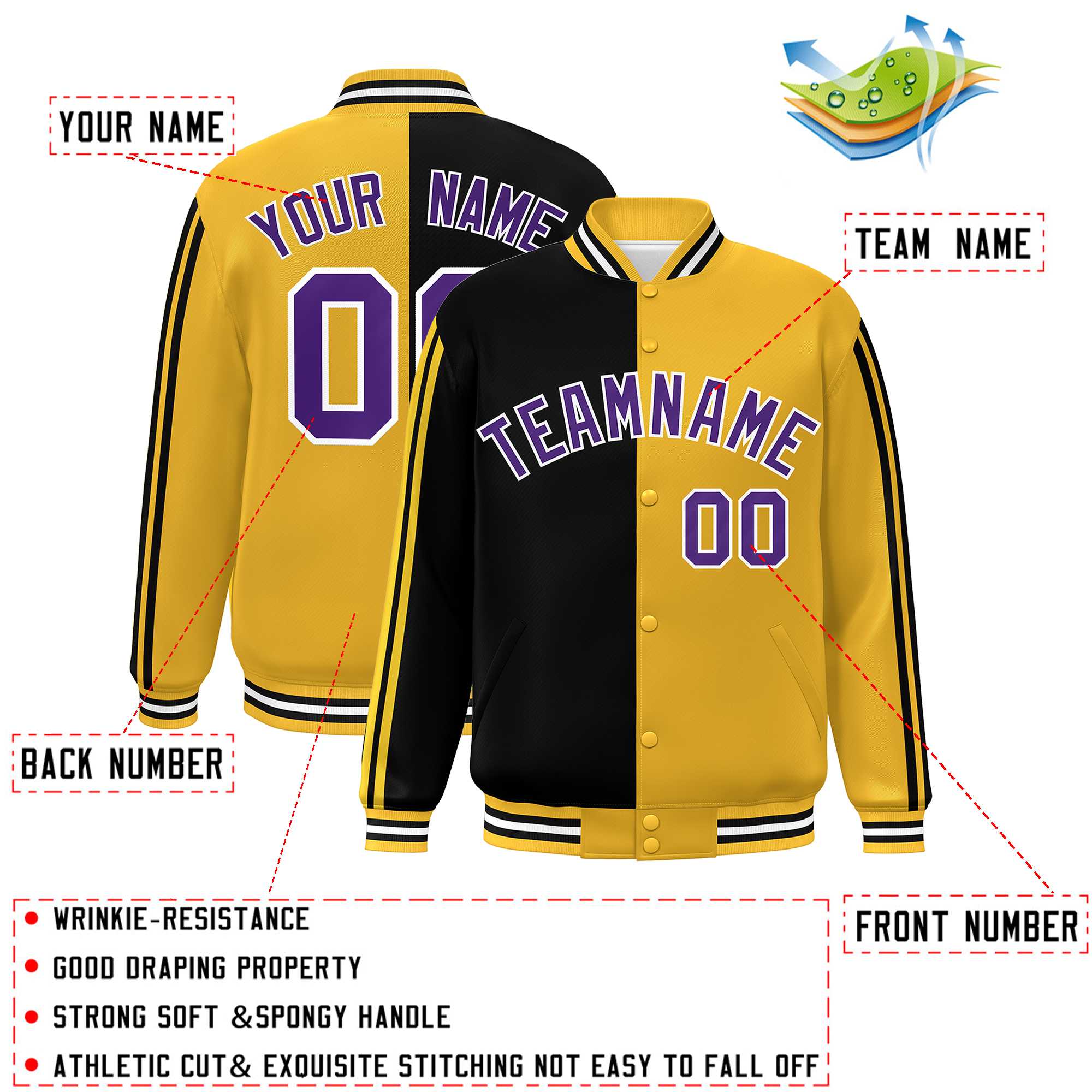 Custom Gold Black-White Two Tone Color Block Bomber Varsity Baseball Jacket