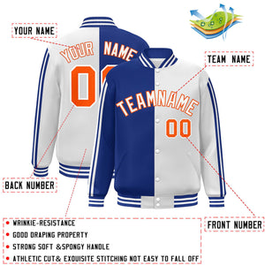 Custom White Royal-Orange Two Tone Color Block Bomber Varsity Baseball Jacket