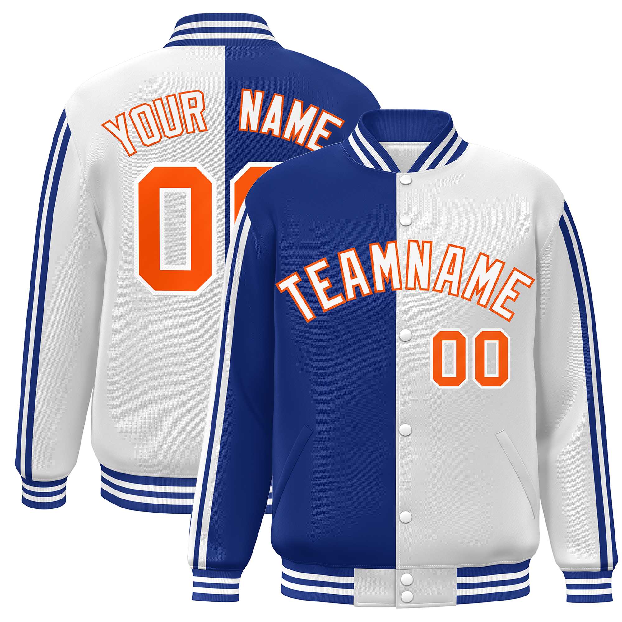 Custom White Royal-Orange Two Tone Color Block Bomber Varsity Baseball Jacket