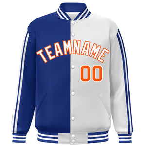 Custom White Royal-Orange Two Tone Color Block Bomber Varsity Baseball Jacket