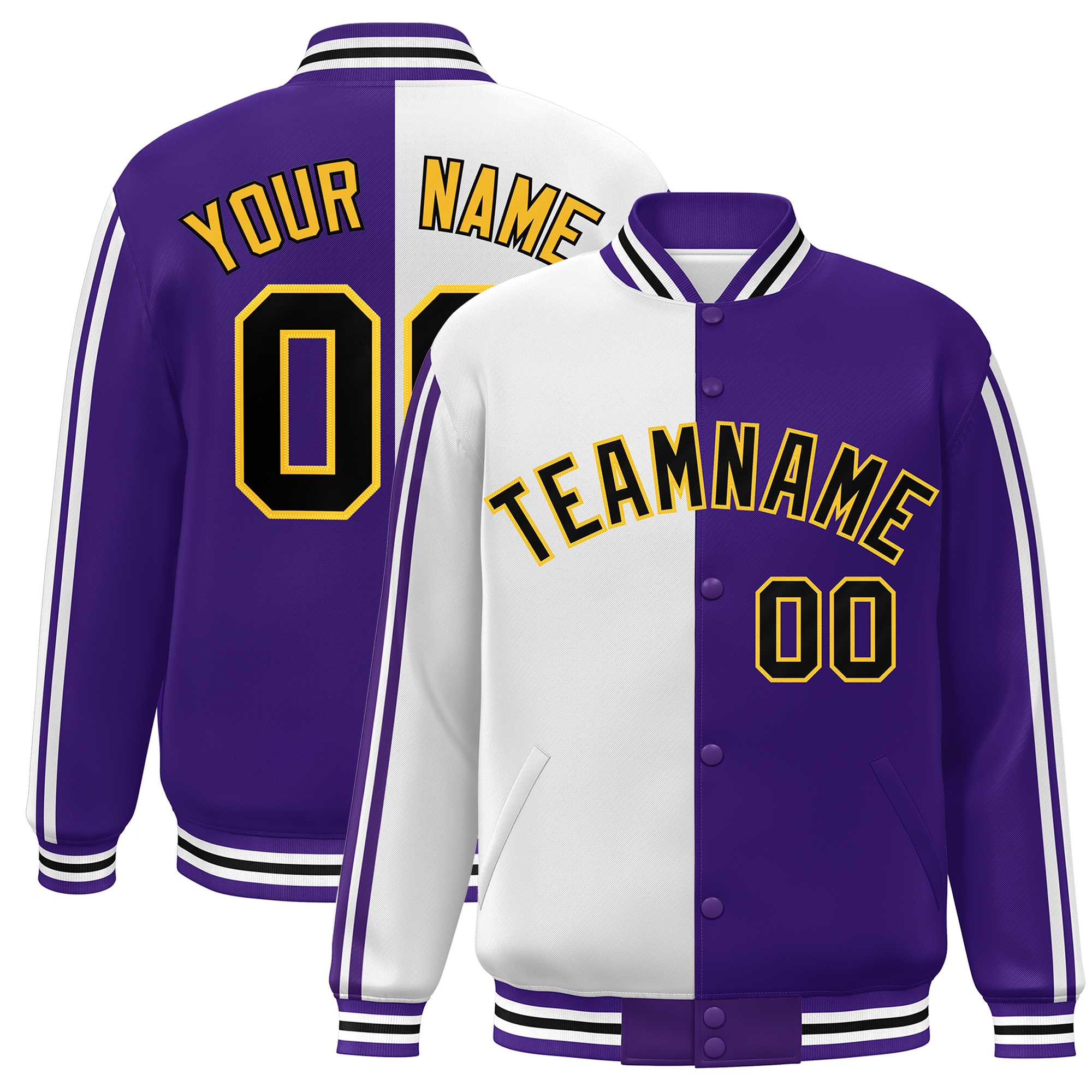 Custom Purple White-Black Two Tone Color Block Bomber Varsity Baseball Jacket